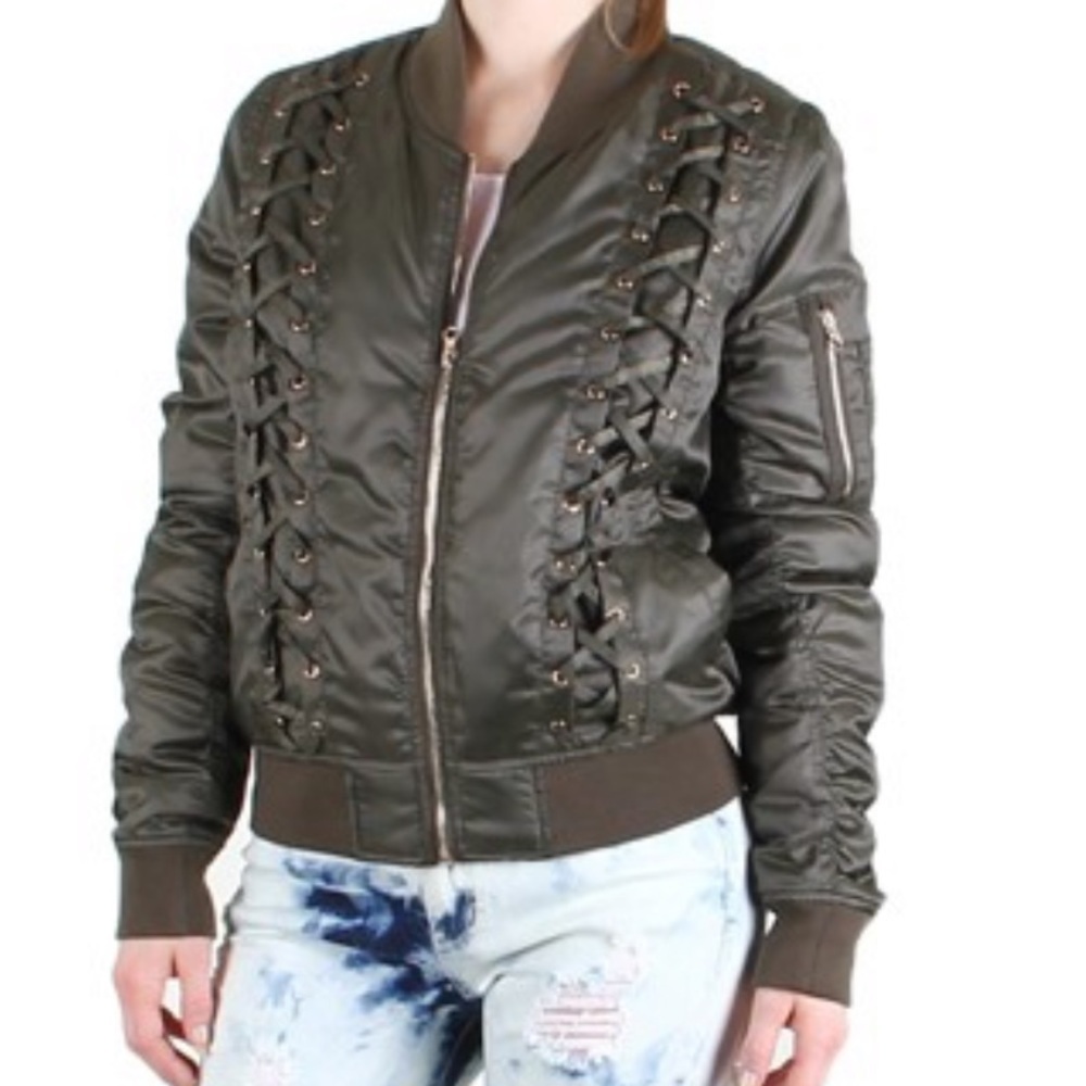 Lace Up Zip Up Shiny Army Green Bomber Jacket